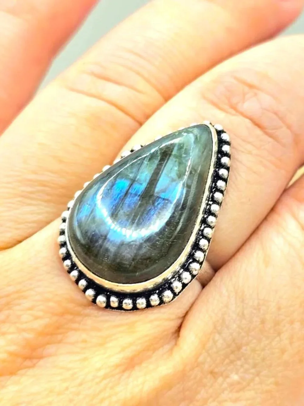 Nature Labradorite Flashy Teardrop Ring ( Size 8.5)